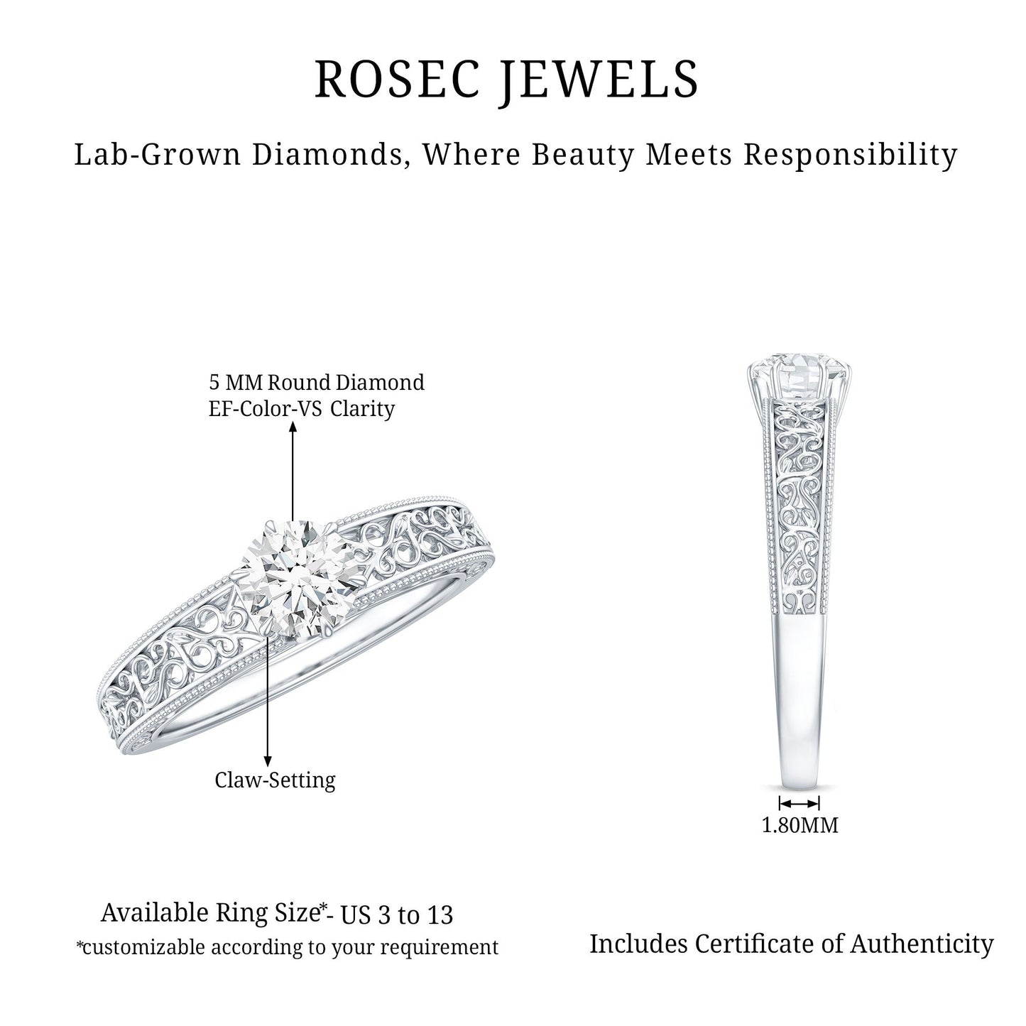 Vintage Inspired Solitaire Lab Grown Diamond Filigree Ring