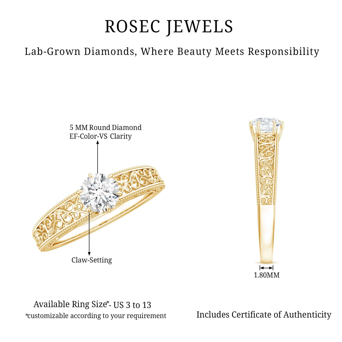 Vintage Inspired Solitaire Lab Grown Diamond Filigree Ring