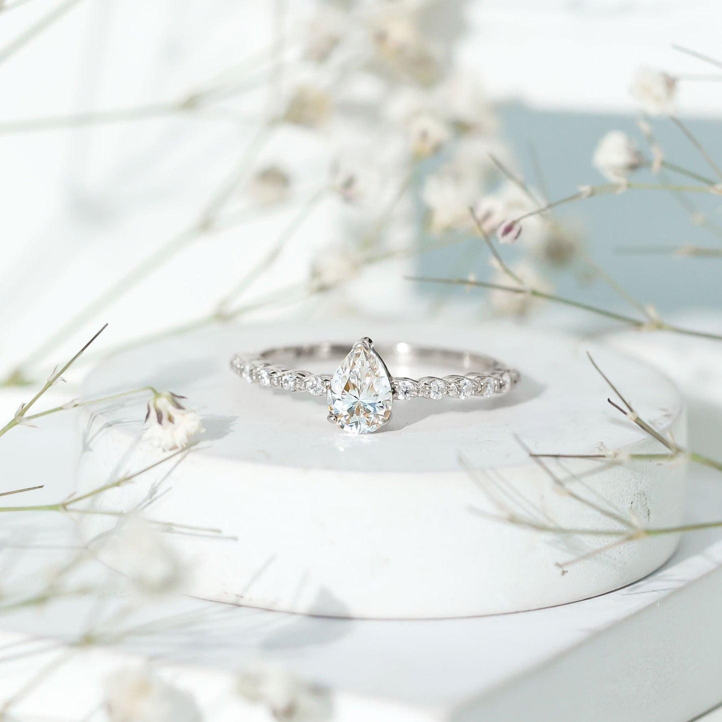 Pear Shape Lab Grown Diamond Solitaire Promise Ring with Side Stones