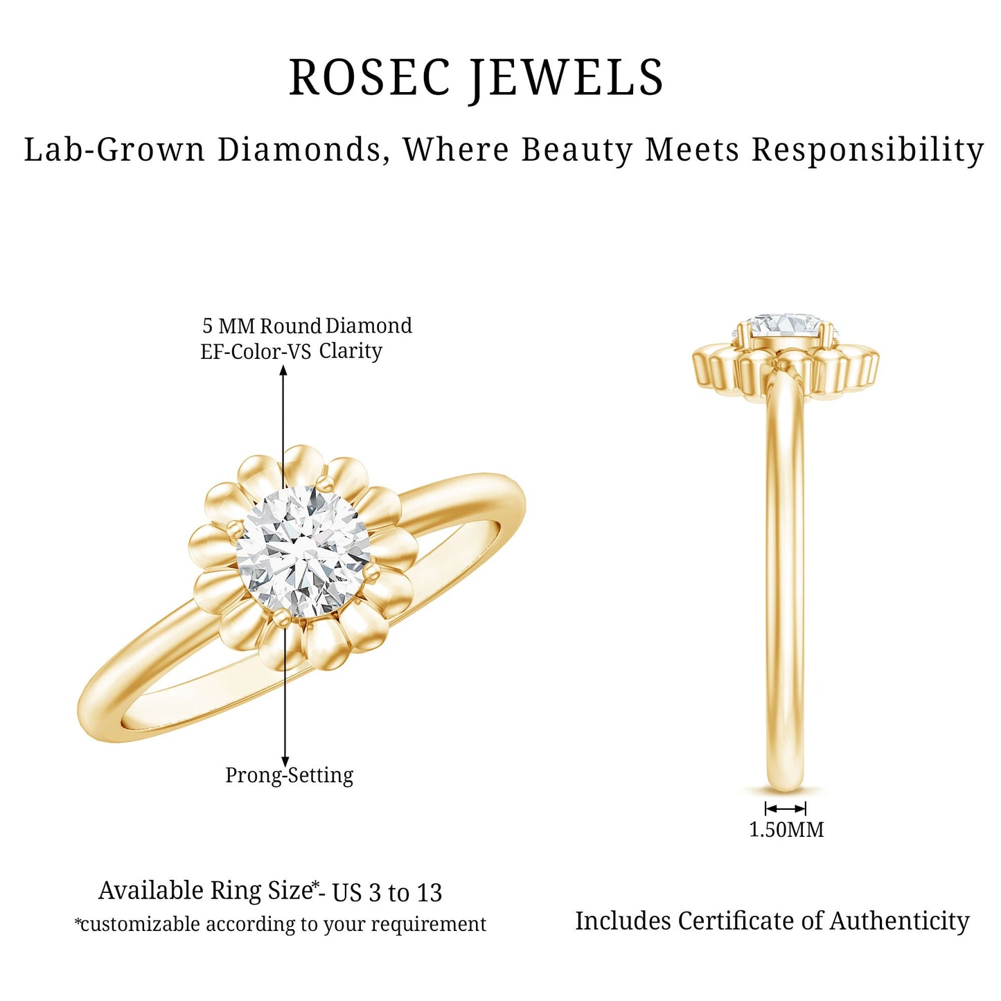Solitaire Lab Grown Diamond Flower Ring