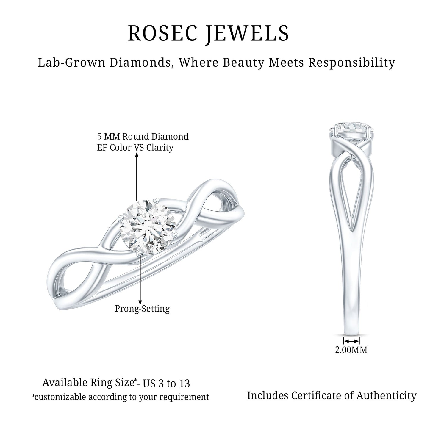 Round Lab Grown Diamond Solitaire Promise Ring in Crossover Shank