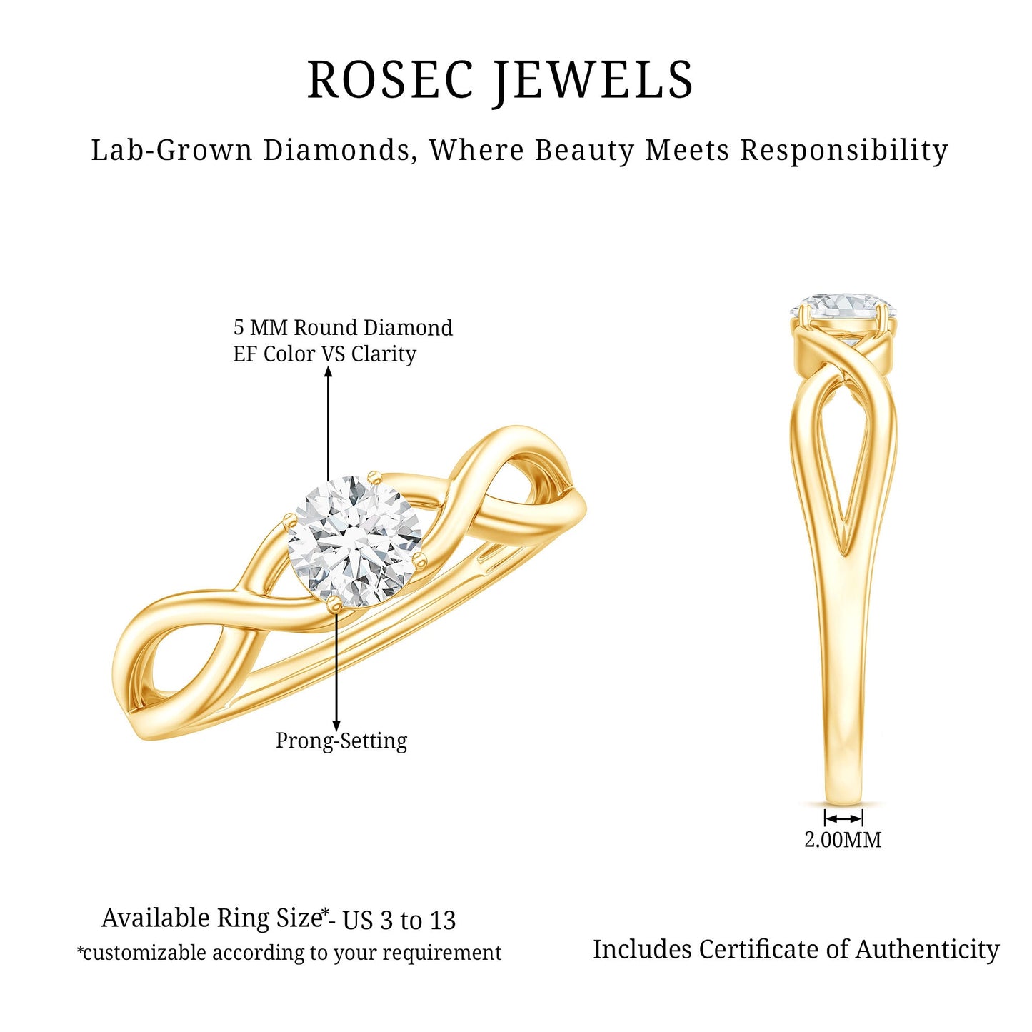 Round Lab Grown Diamond Solitaire Promise Ring in Crossover Shank