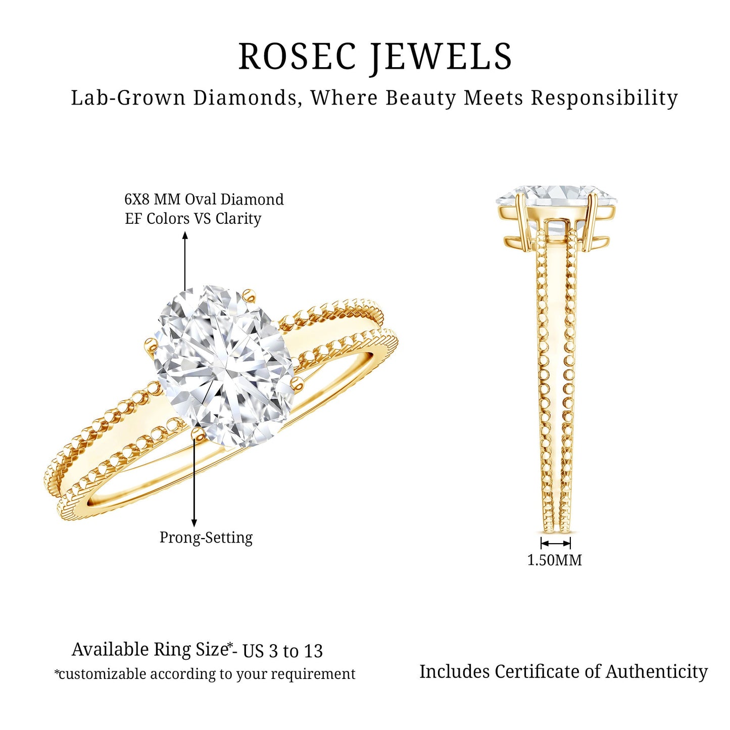 Oval Shaped Lab Grown Diamond Solitaire Ring with Beaded Detailing