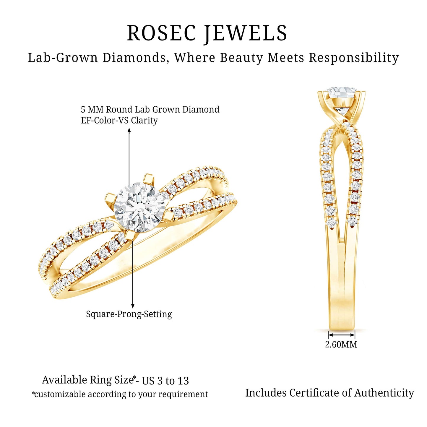 Solitaire Lab Grown Diamond Split Shank Engagement Ring