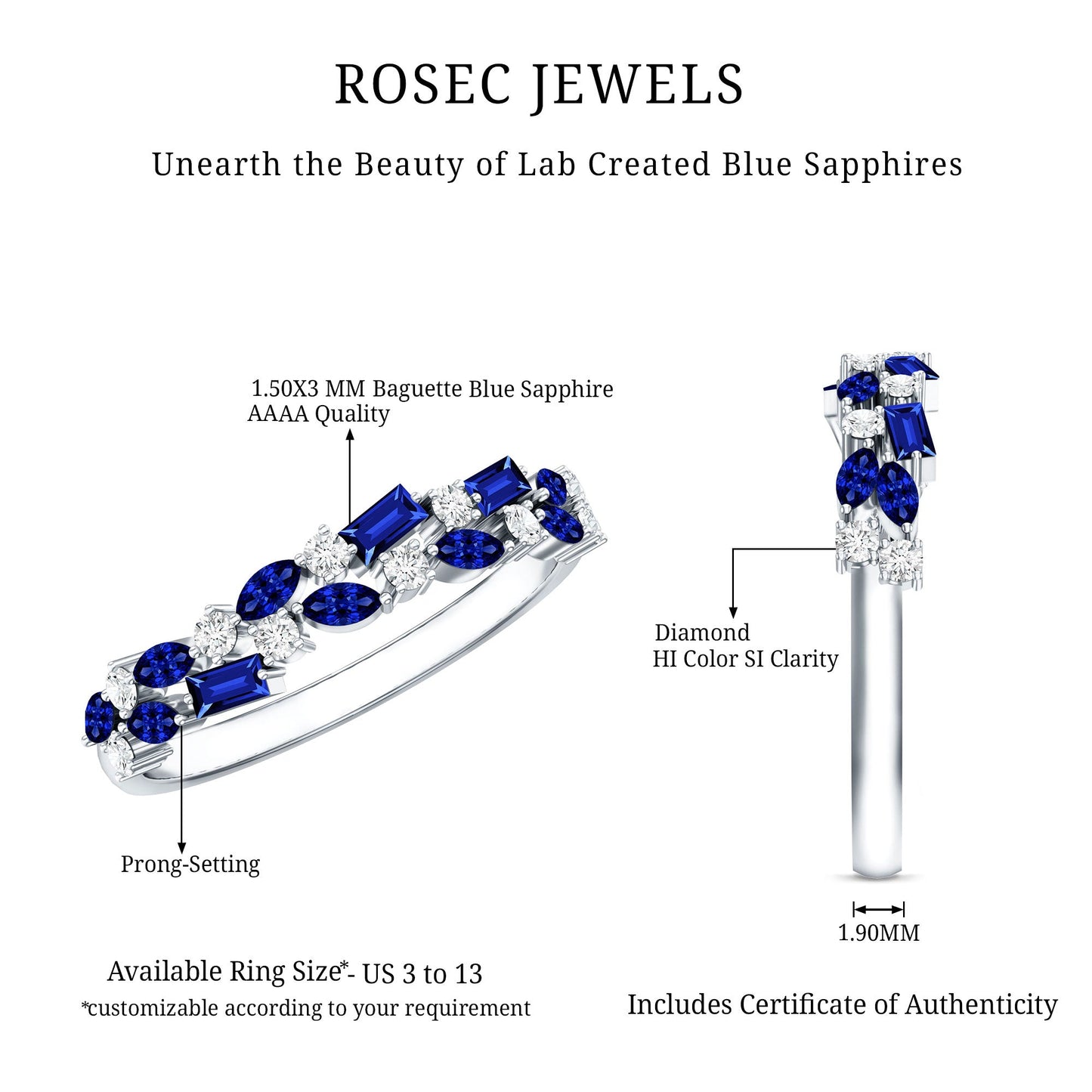 Certified Lab Grown Blue Sapphire Diamond Half Eternity Band Ring