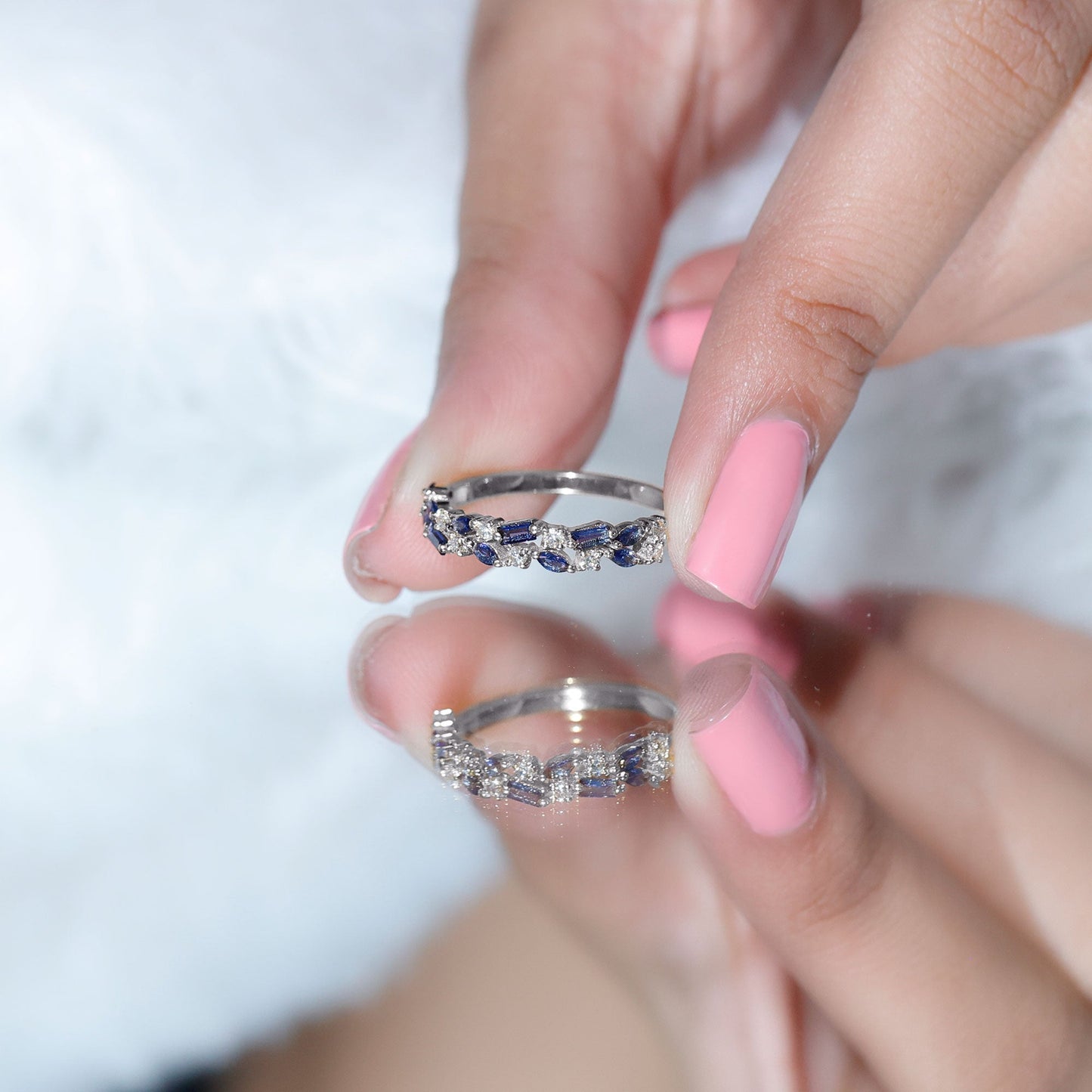 Certified Lab Grown Blue Sapphire Diamond Half Eternity Band Ring