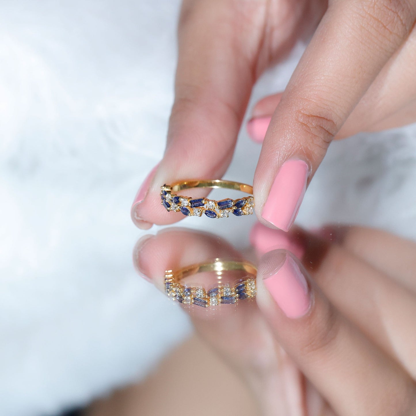 Certified Lab Grown Blue Sapphire Diamond Half Eternity Band Ring