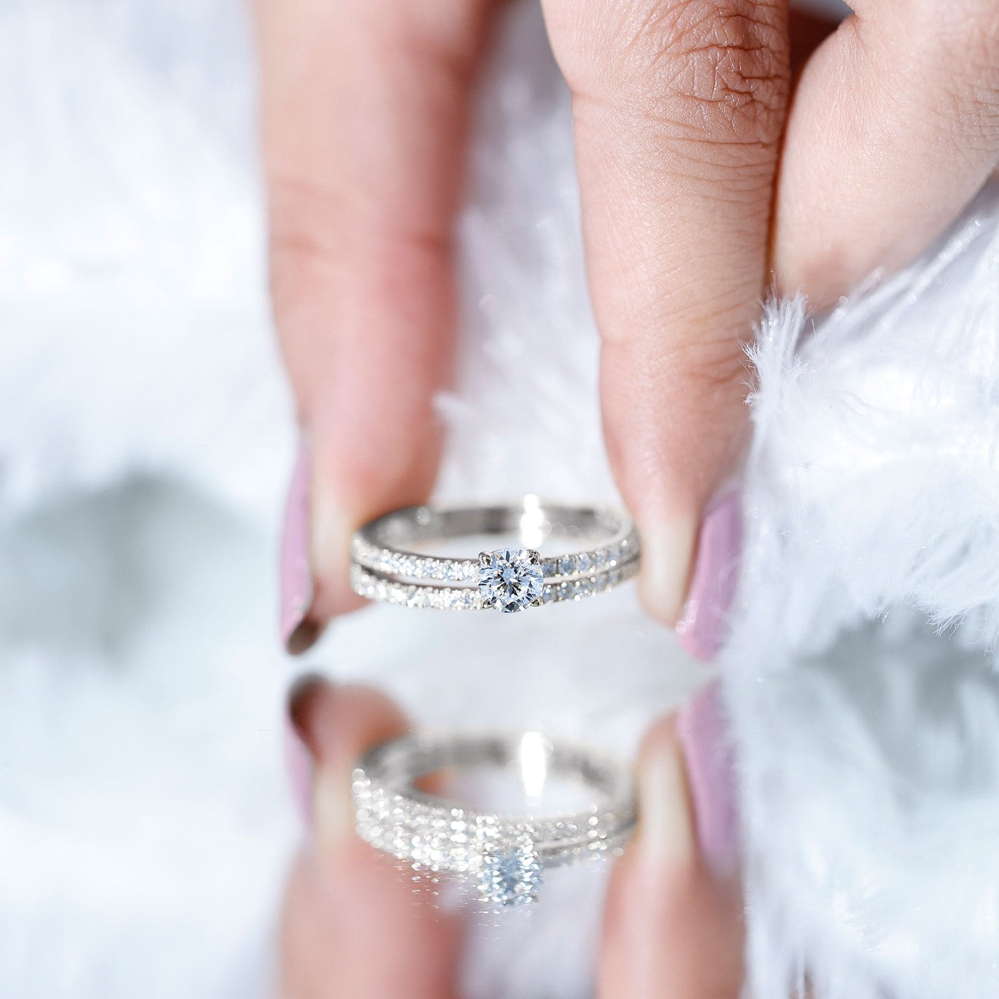 Round Cut Moissanite Engagement Ring with Eternity Band