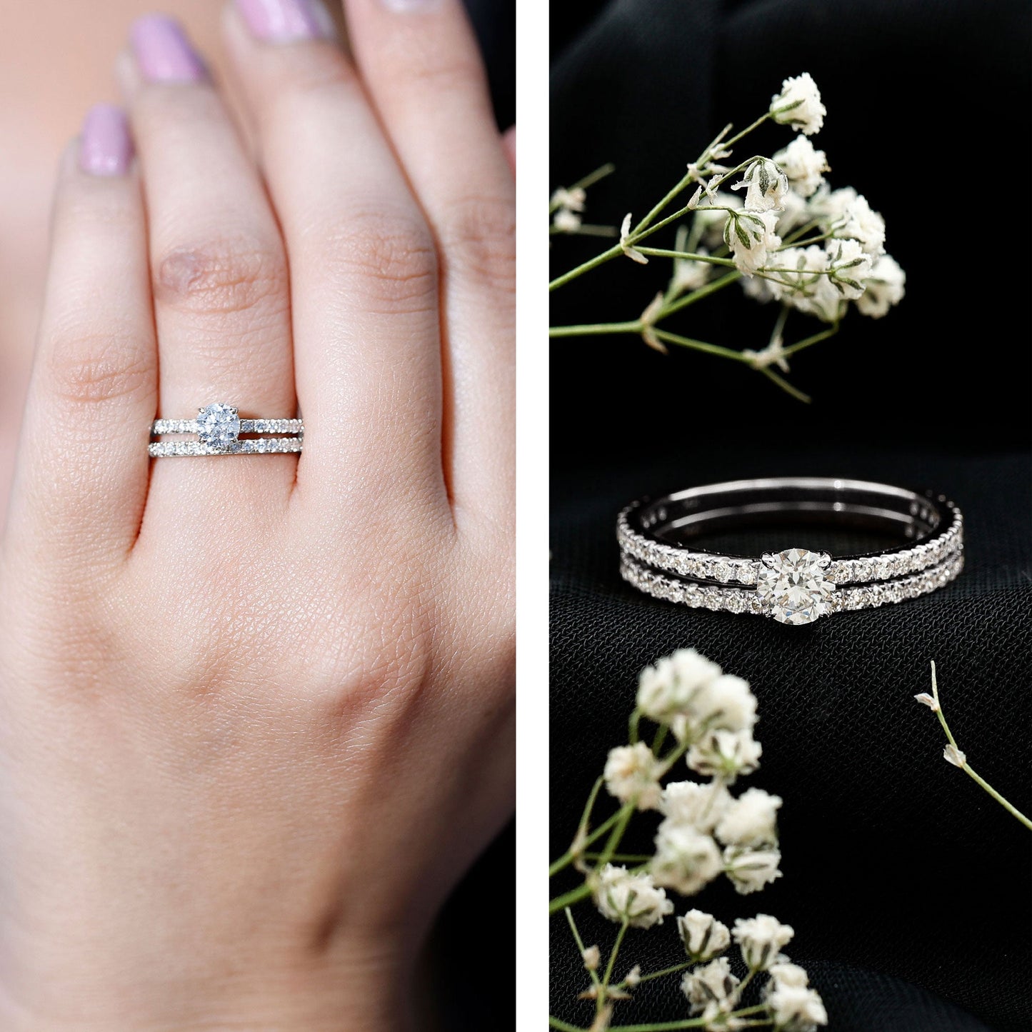 Round Cut Moissanite Engagement Ring with Eternity Band