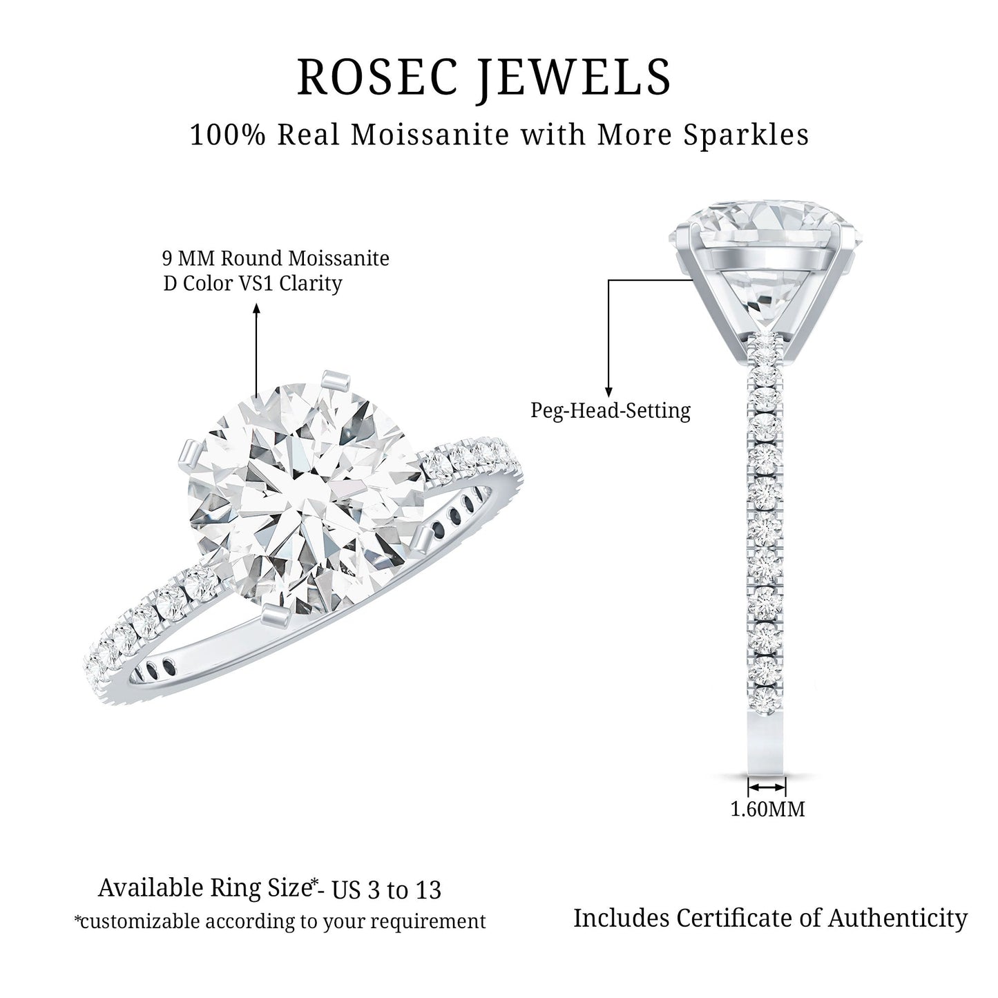 Certified Round Moissanite 3 CT Engagement Ring with Side Stones