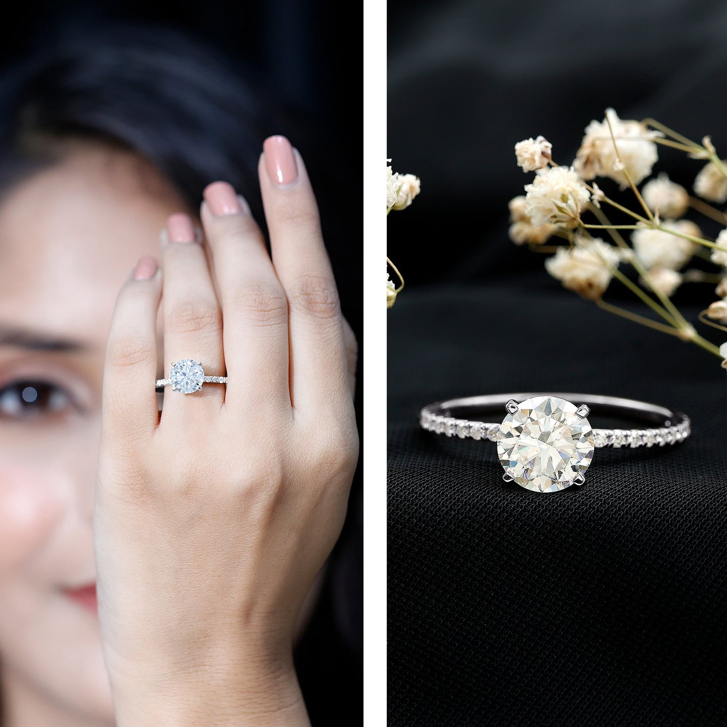 Certified Round Moissanite 3 CT Engagement Ring with Side Stones