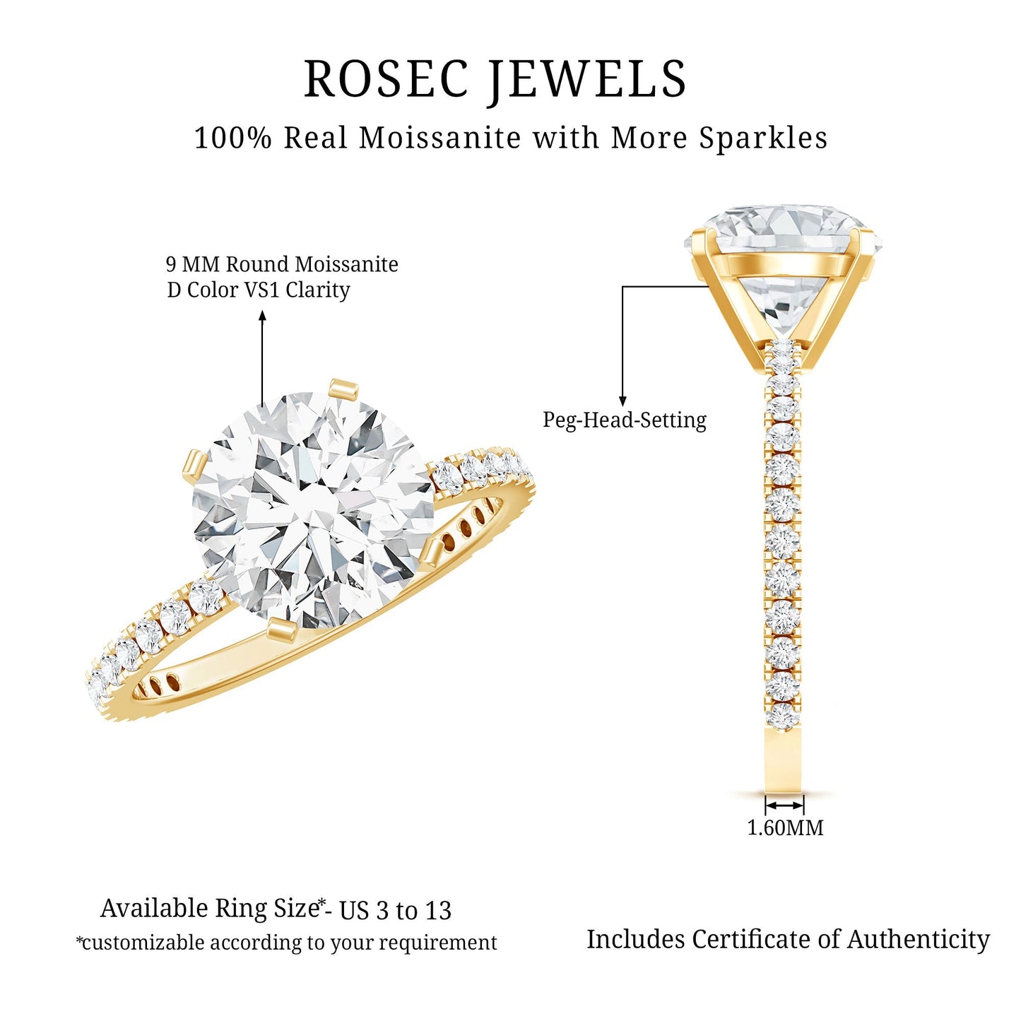 Certified Round Moissanite 3 CT Engagement Ring with Side Stones