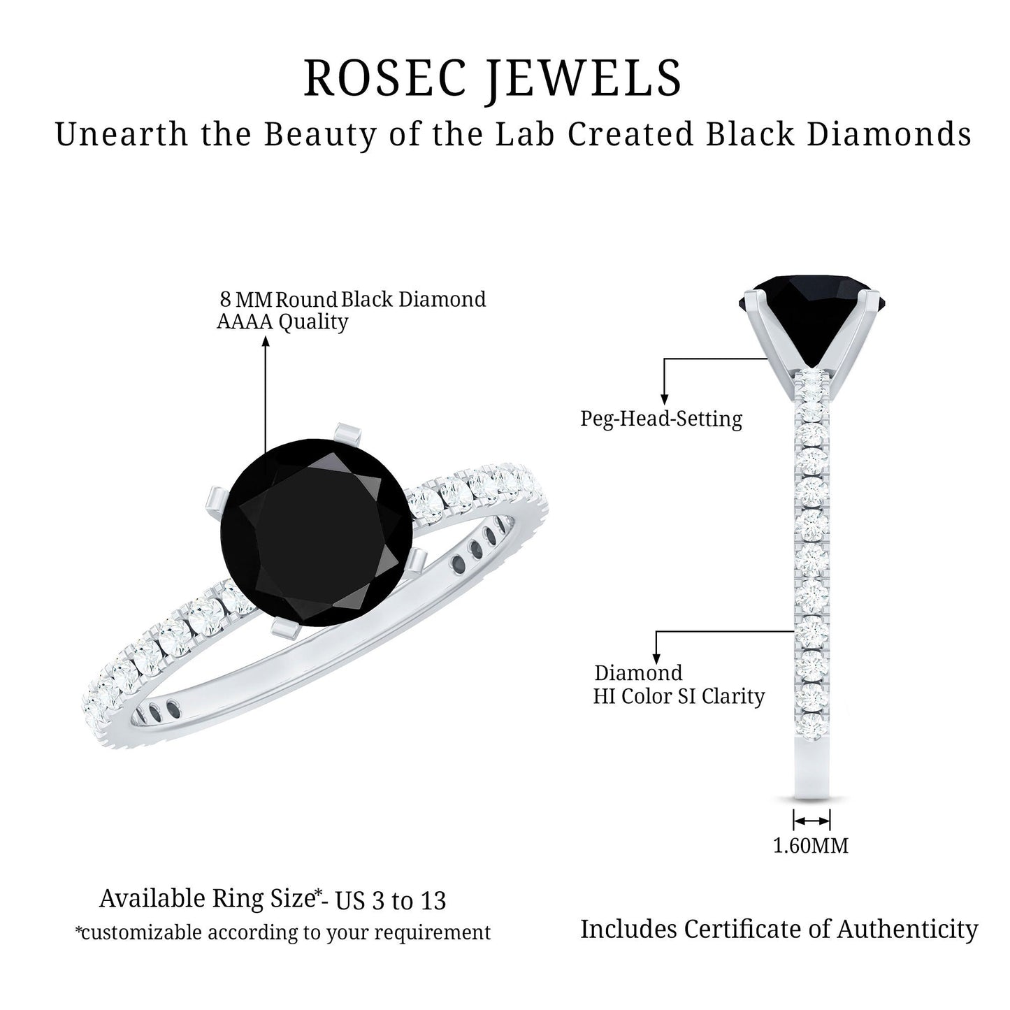 2 Carat Lab Grown Black Diamond Solitaire Engagement Ring with White Diamond