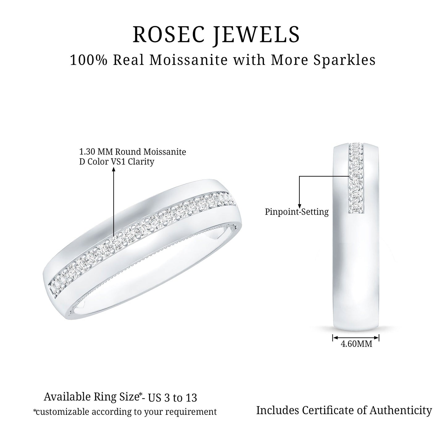 Certified Moissanite Classic Wedding Band Ring