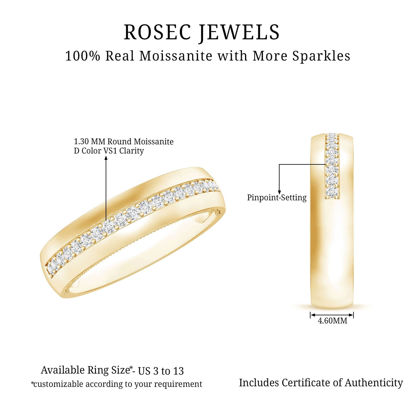 Certified Moissanite Classic Wedding Band Ring