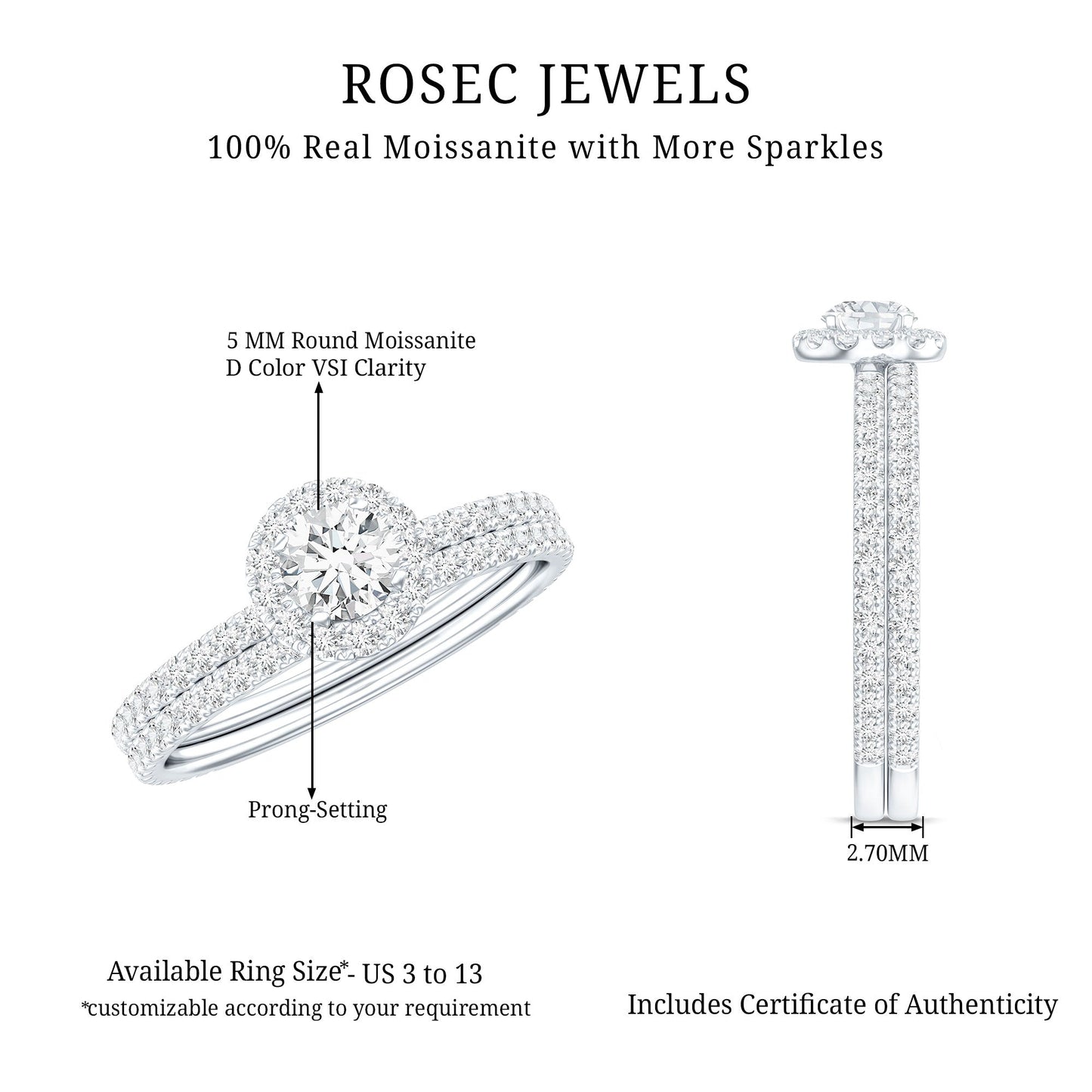 Certified Moissanite Halo Bridal Ring Set
