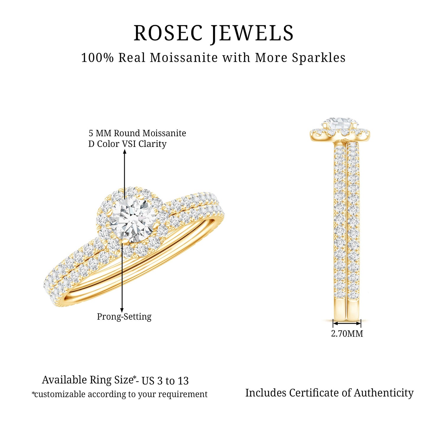 Certified Moissanite Halo Bridal Ring Set