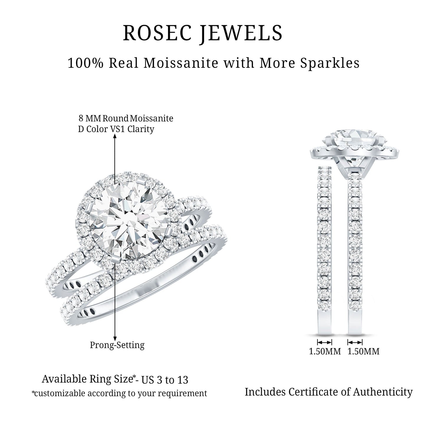 2 Carat Round Shape Moissanite Halo Wedding Ring Set