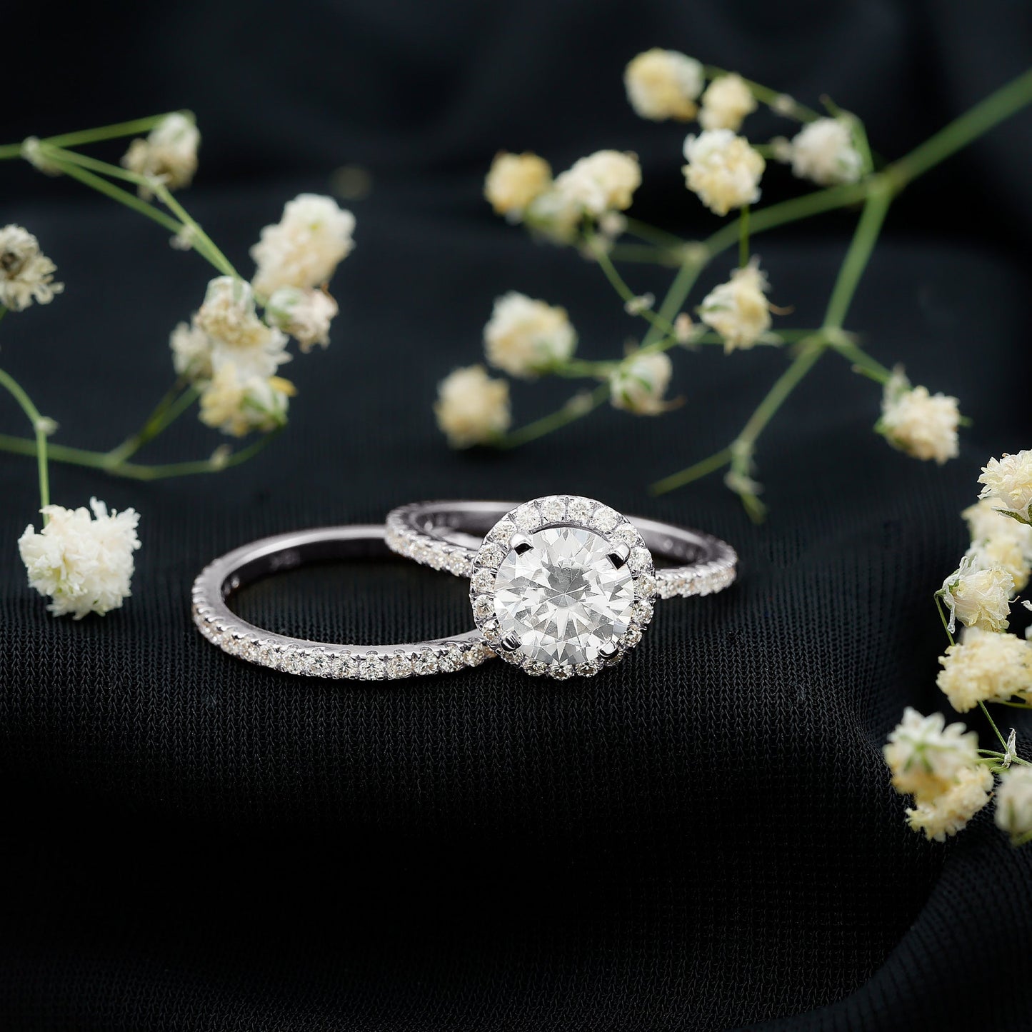 2 Carat Round Shape Moissanite Halo Wedding Ring Set