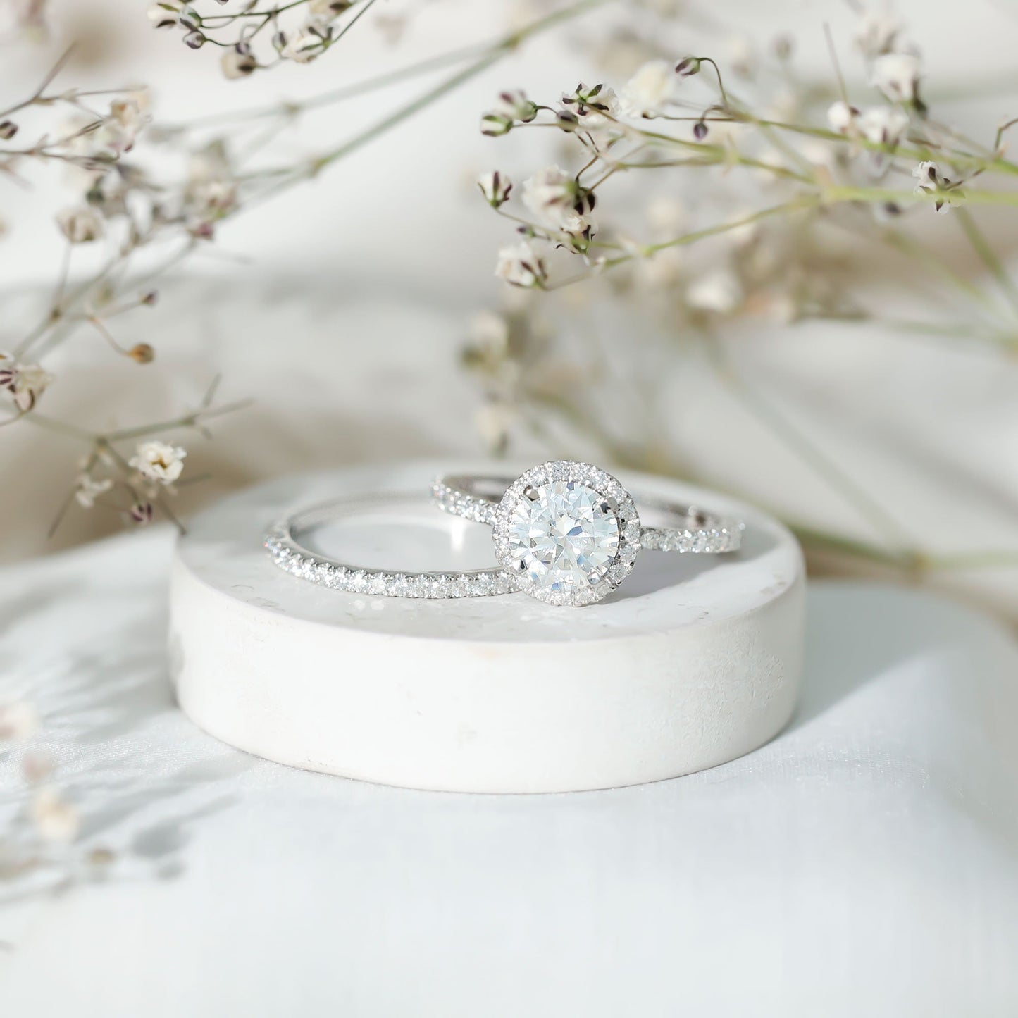 2 Carat Round Shape Moissanite Halo Wedding Ring Set