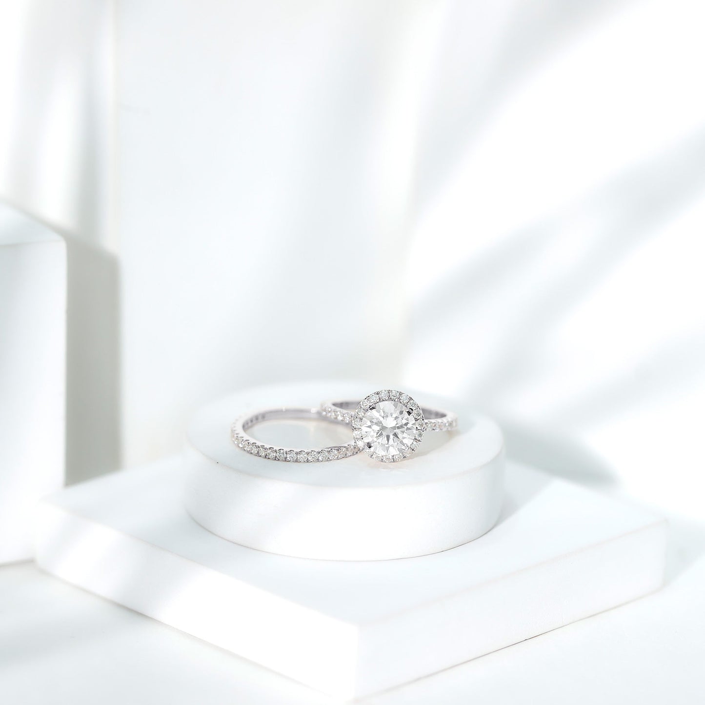 2 Carat Round Shape Moissanite Halo Wedding Ring Set
