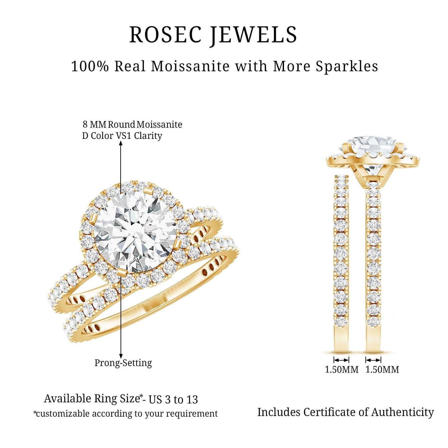 2 Carat Round Shape Moissanite Halo Wedding Ring Set