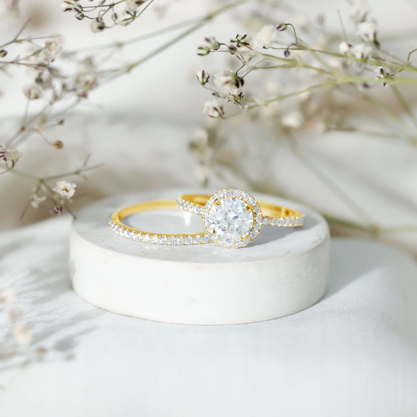 2 Carat Round Shape Moissanite Halo Wedding Ring Set