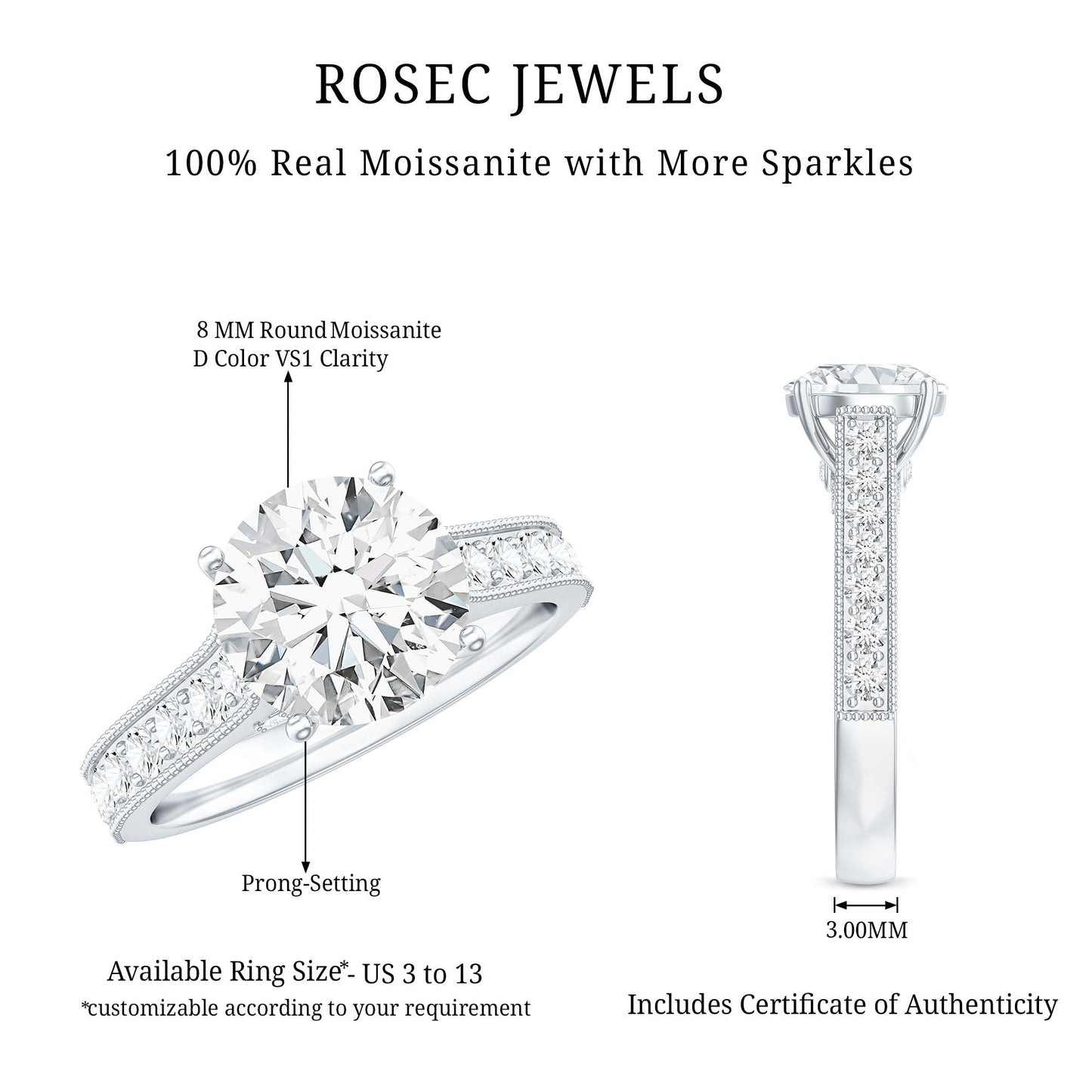 Certified 2 Carat Moissanite Solitaire Engagement Ring With Side Stones