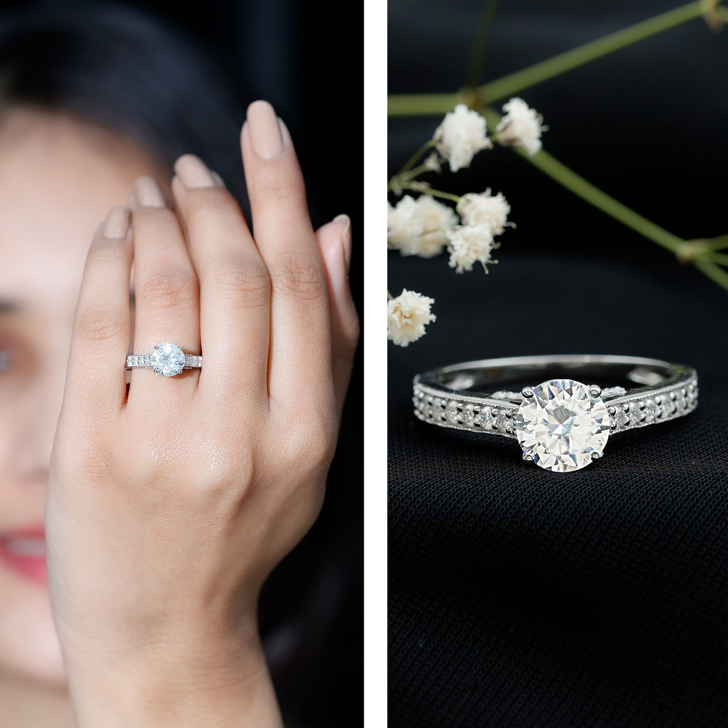 Certified 2 Carat Moissanite Solitaire Engagement Ring With Side Stones