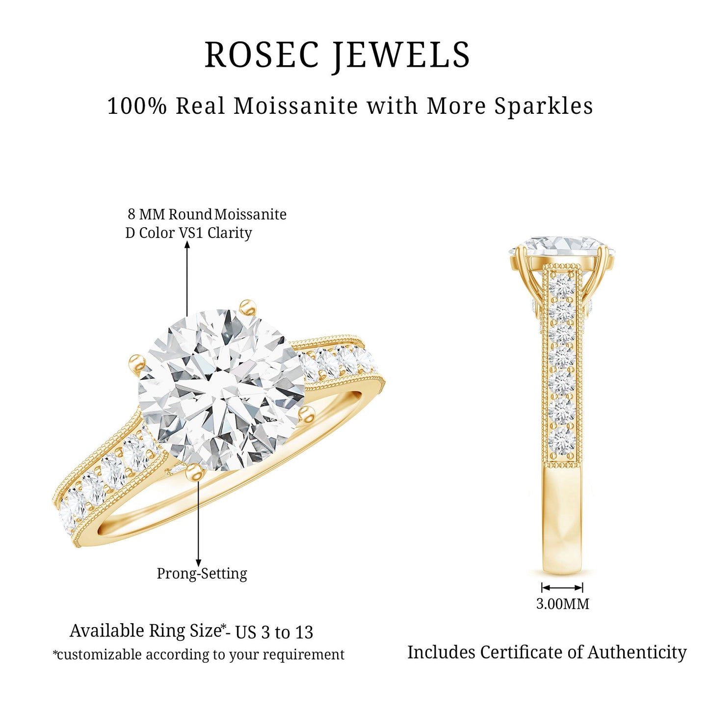 Certified 2 Carat Moissanite Solitaire Engagement Ring With Side Stones