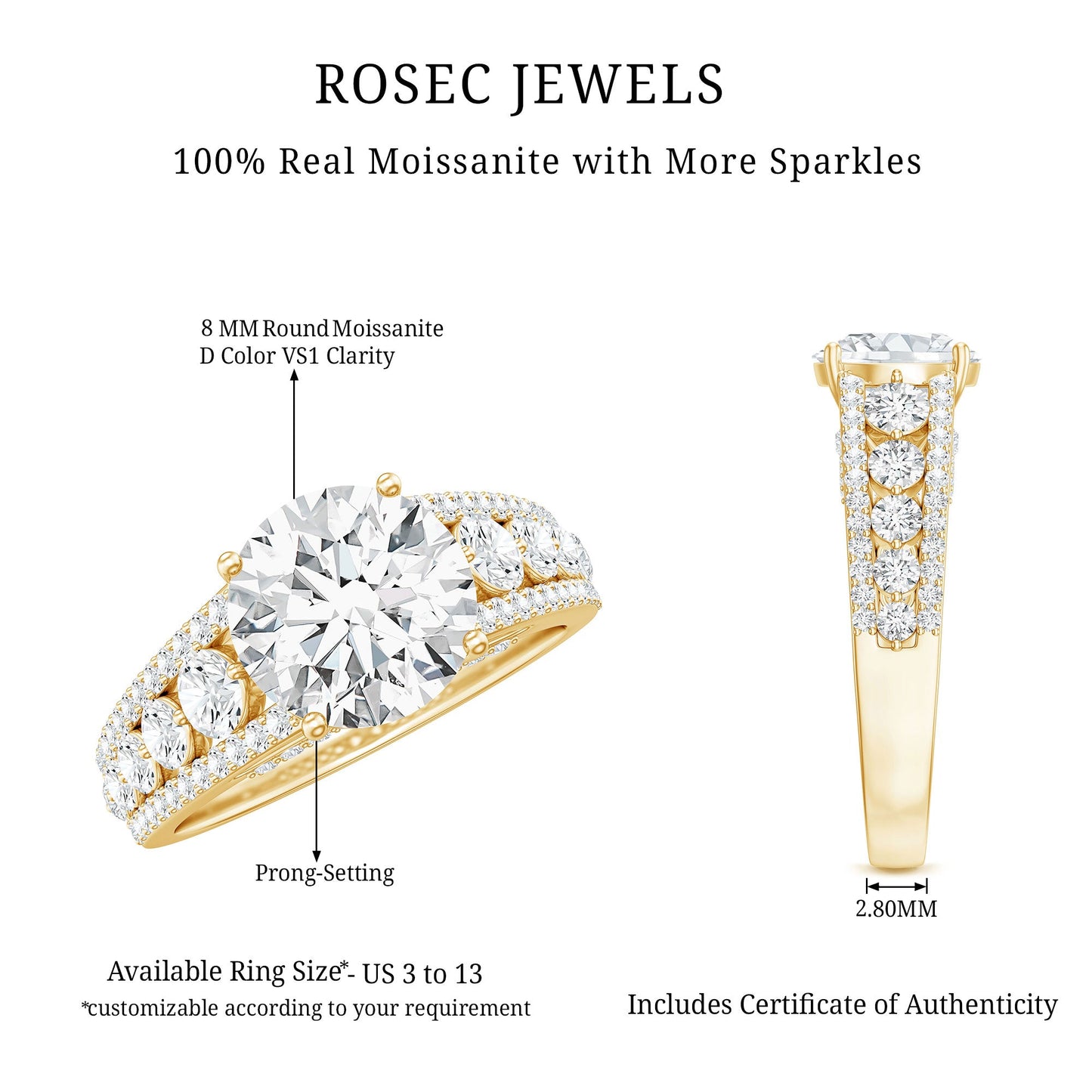 Round Brilliant Cut Moissanite Side Stone Engagement Ring