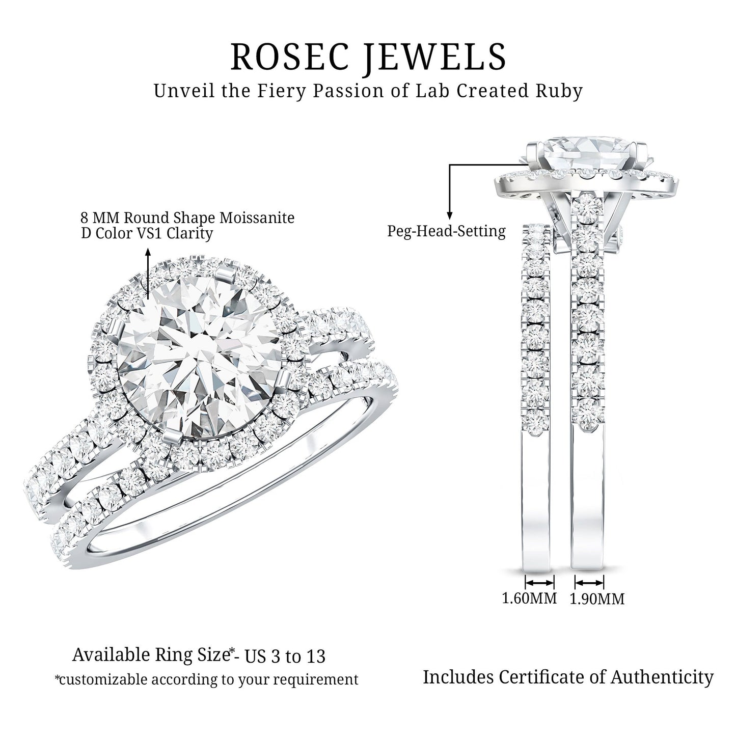 2 Carat Moissanite Classic Halo Wedding Ring Set