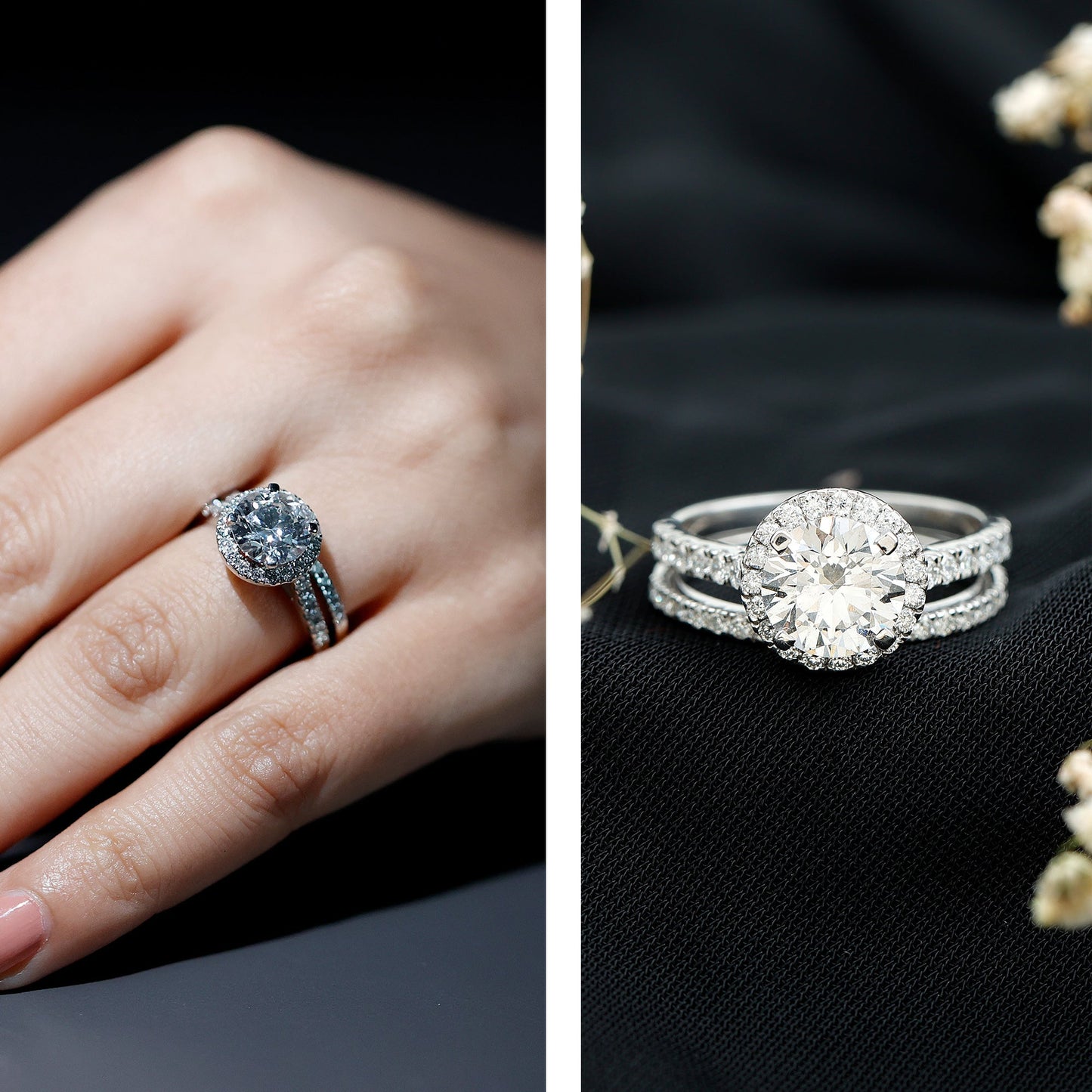 2 Carat Moissanite Classic Halo Wedding Ring Set