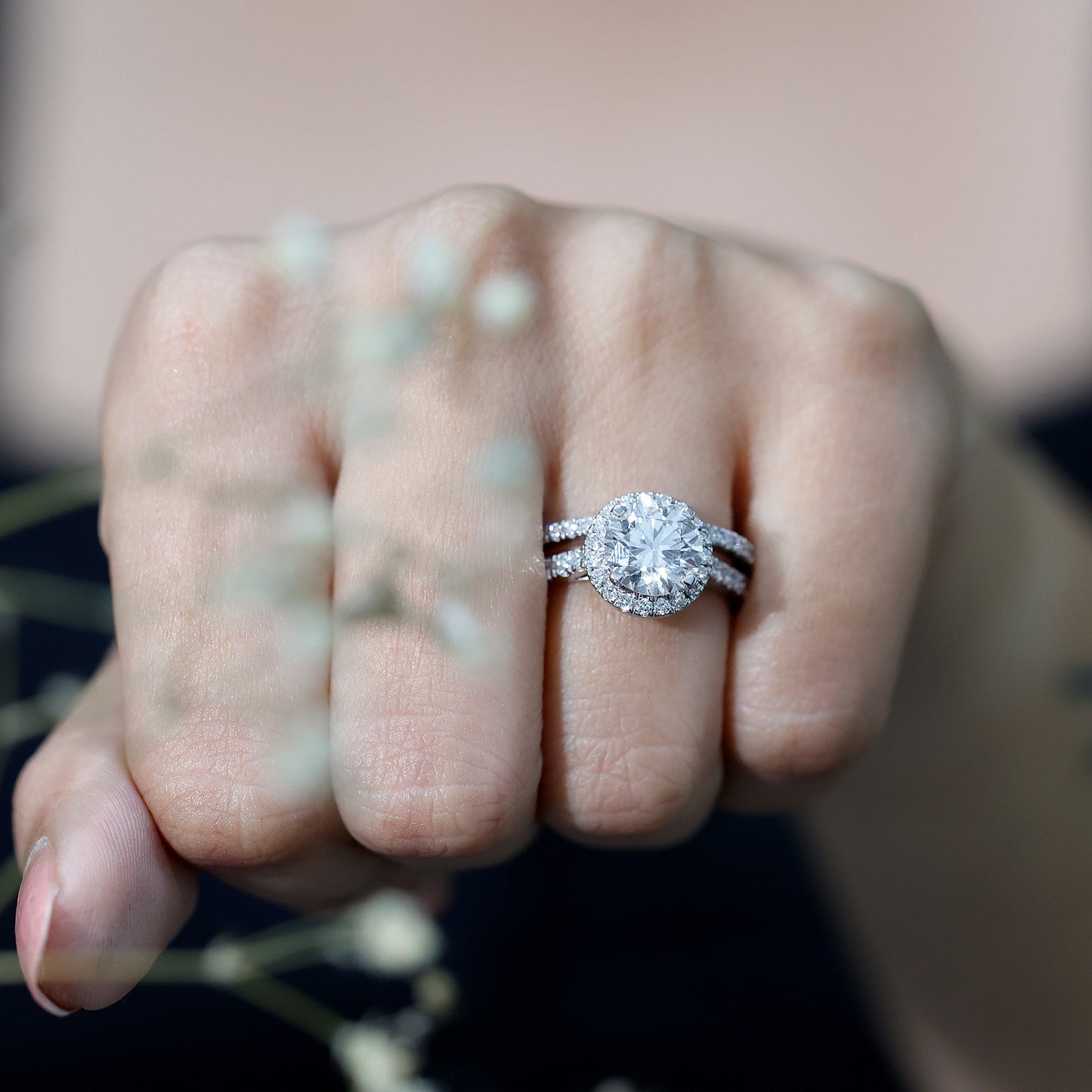 2 Carat Moissanite Classic Halo Wedding Ring Set