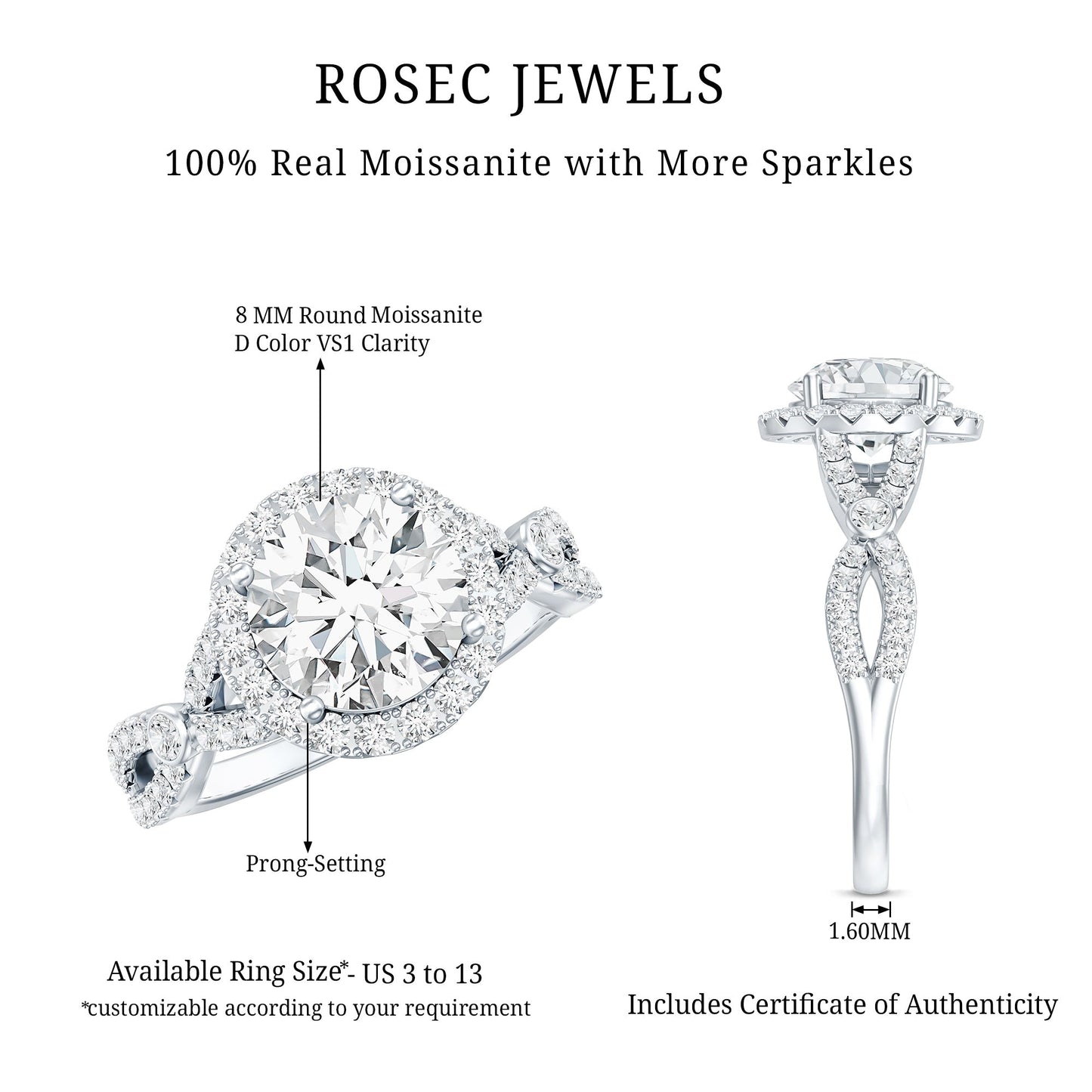 Certified 2 CT Moissanite Criss Cross Engagement Ring with Halo