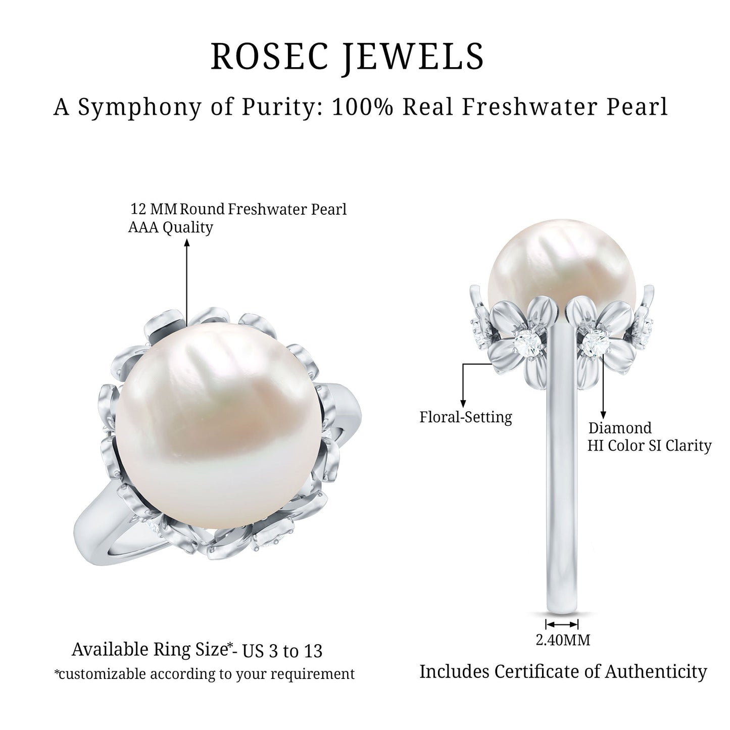 11 Carat Freshwater Pearl Flower Engagement Ring with Diamond