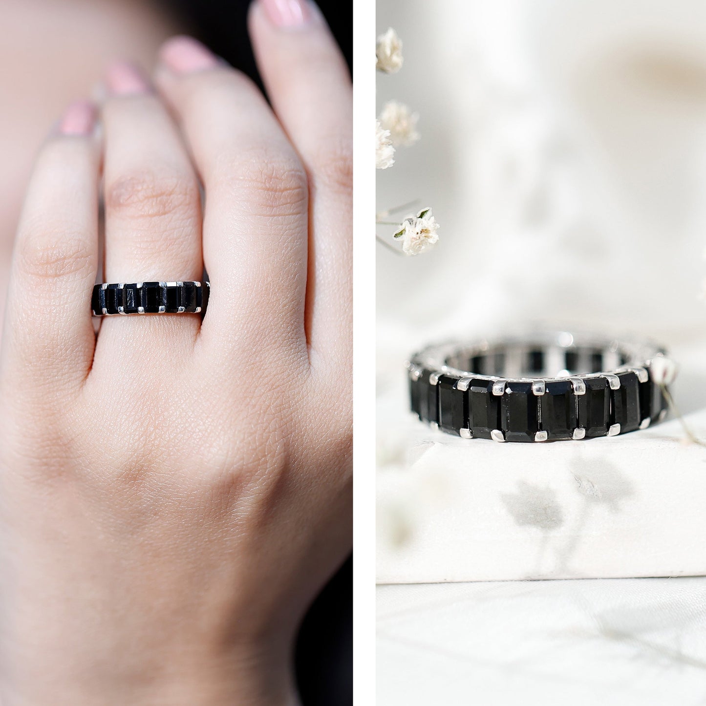 Emerald Cut Black Spinel Eternity Band