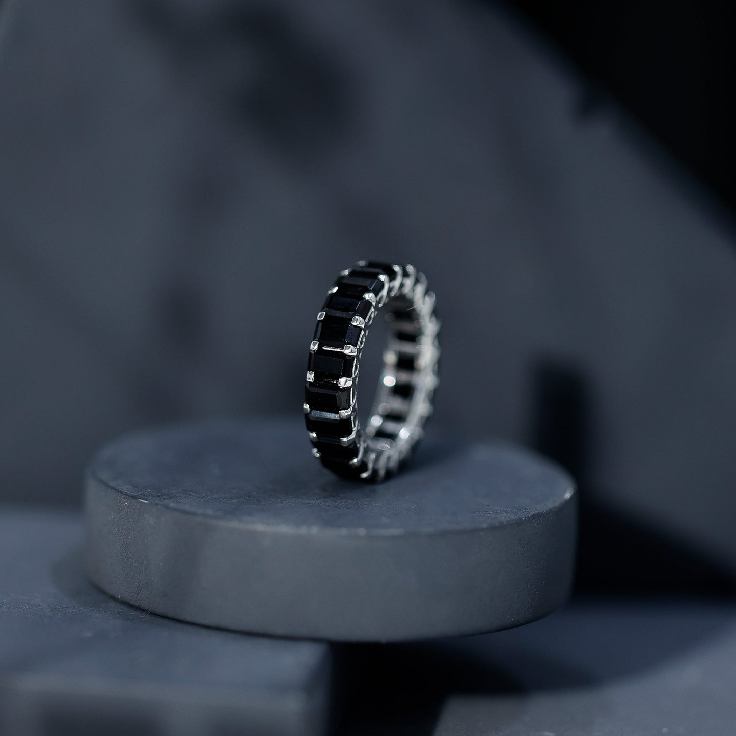Emerald Cut Black Spinel Eternity Band