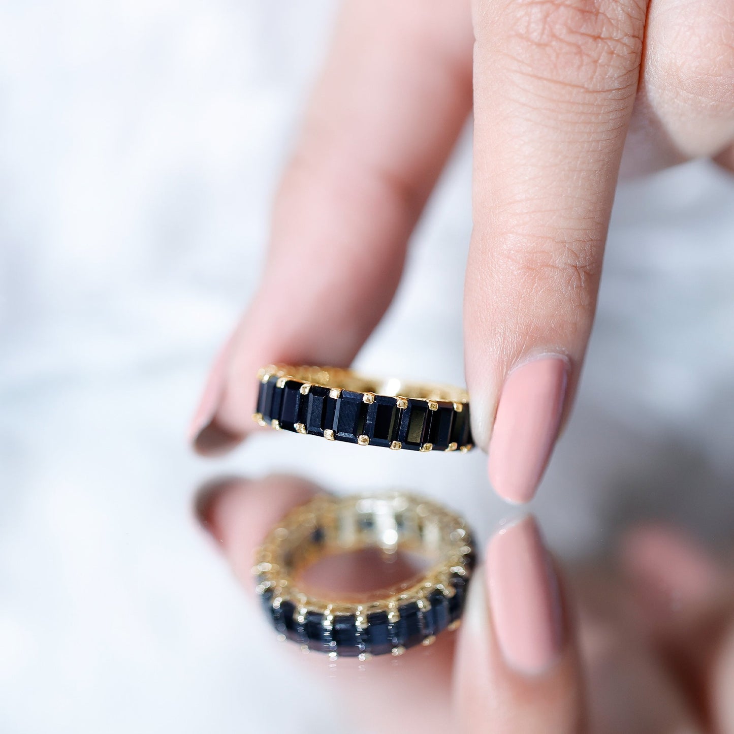 Emerald Cut Black Spinel Eternity Band
