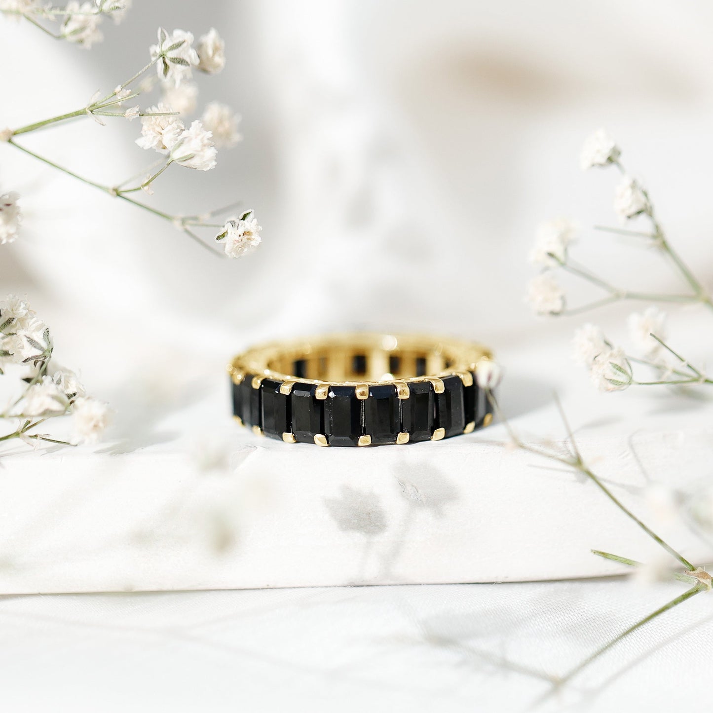 Emerald Cut Black Spinel Eternity Band