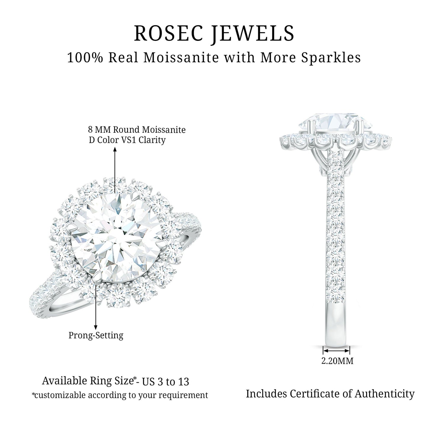Certified Brilliant Cut Moissanite Halo Engagement Ring