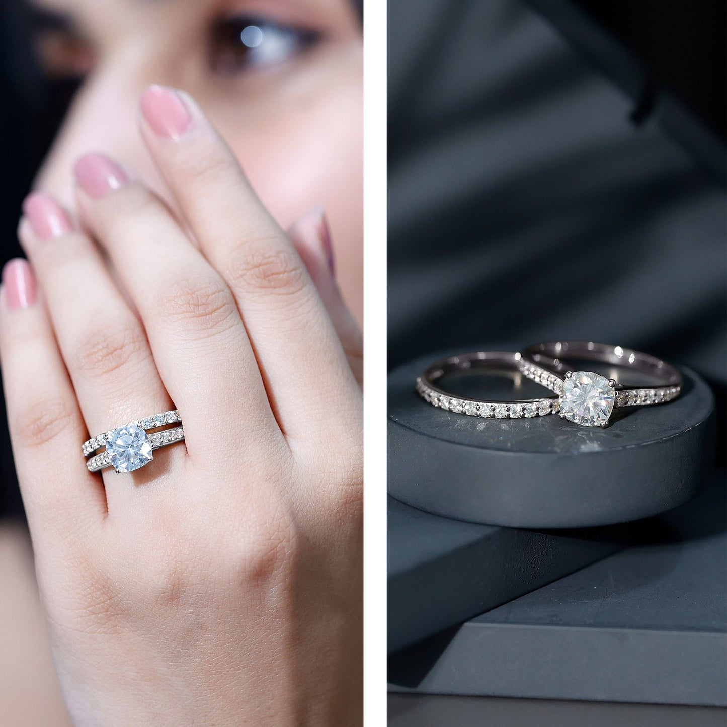 3 CT Cushion Cut Moissanite Solitaire Engagement Ring with Wedding Band