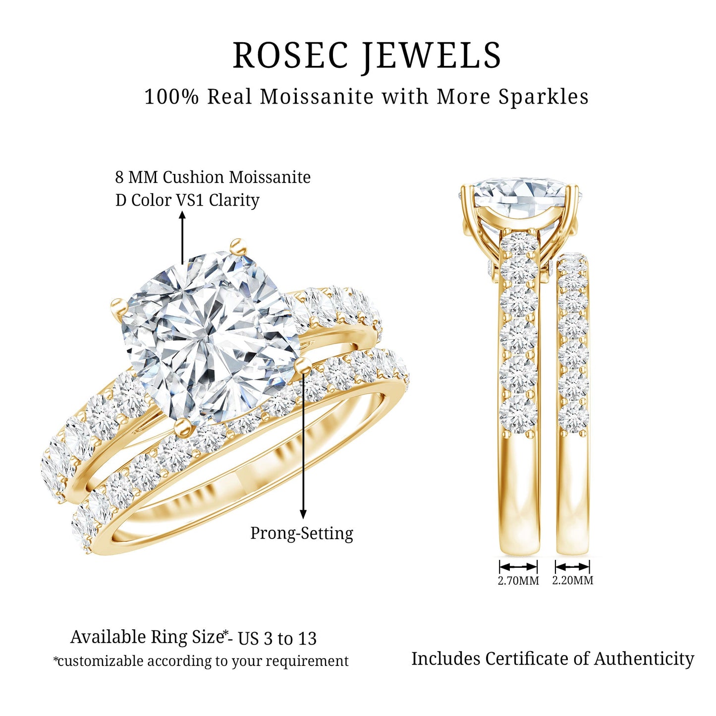 3 Carat Prong Set Moissanite Solitaire Engagement Ring with Wedding Band