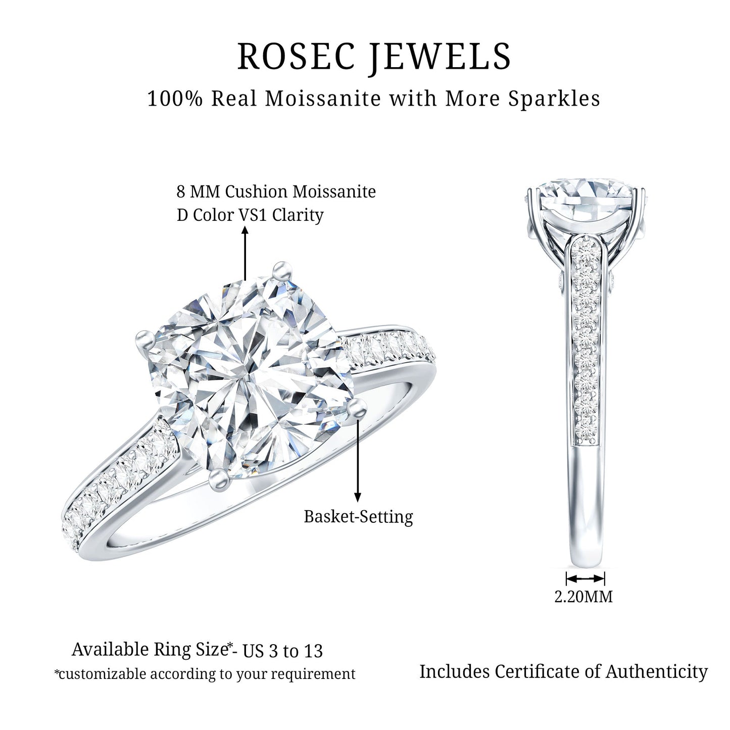 3 Carat Cushion Moissanite Cathedral Engagement Ring