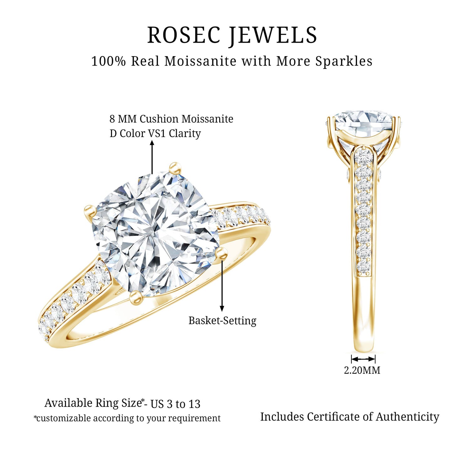 3 Carat Cushion Moissanite Cathedral Engagement Ring
