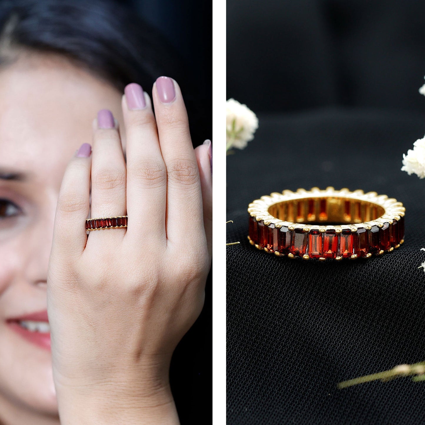 Certified Natural Baguette Garnet Eternity Band Ring
