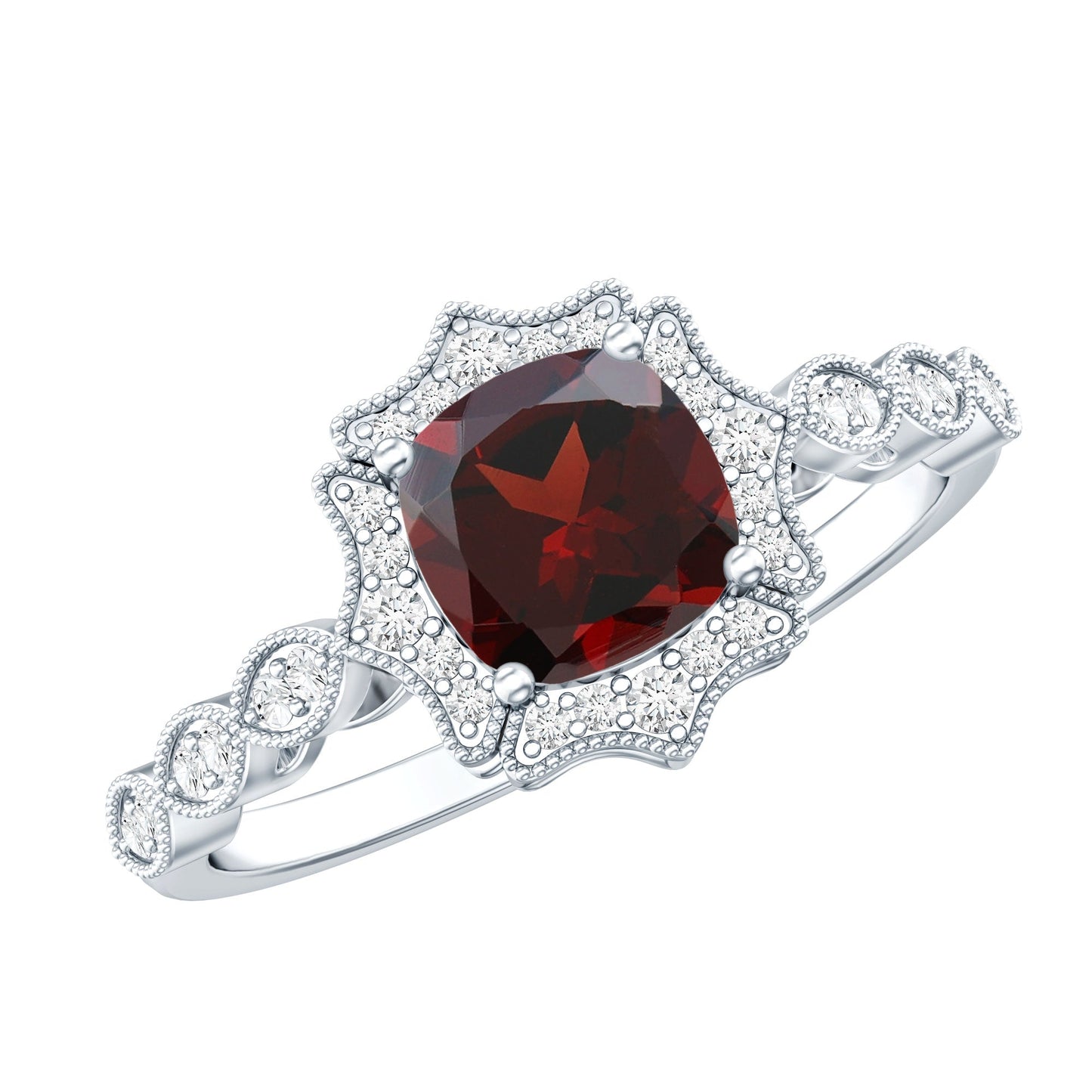 Vintage Looking 3.2 Carat Garnet Cushion Cut Engagement Ring with Diamond
