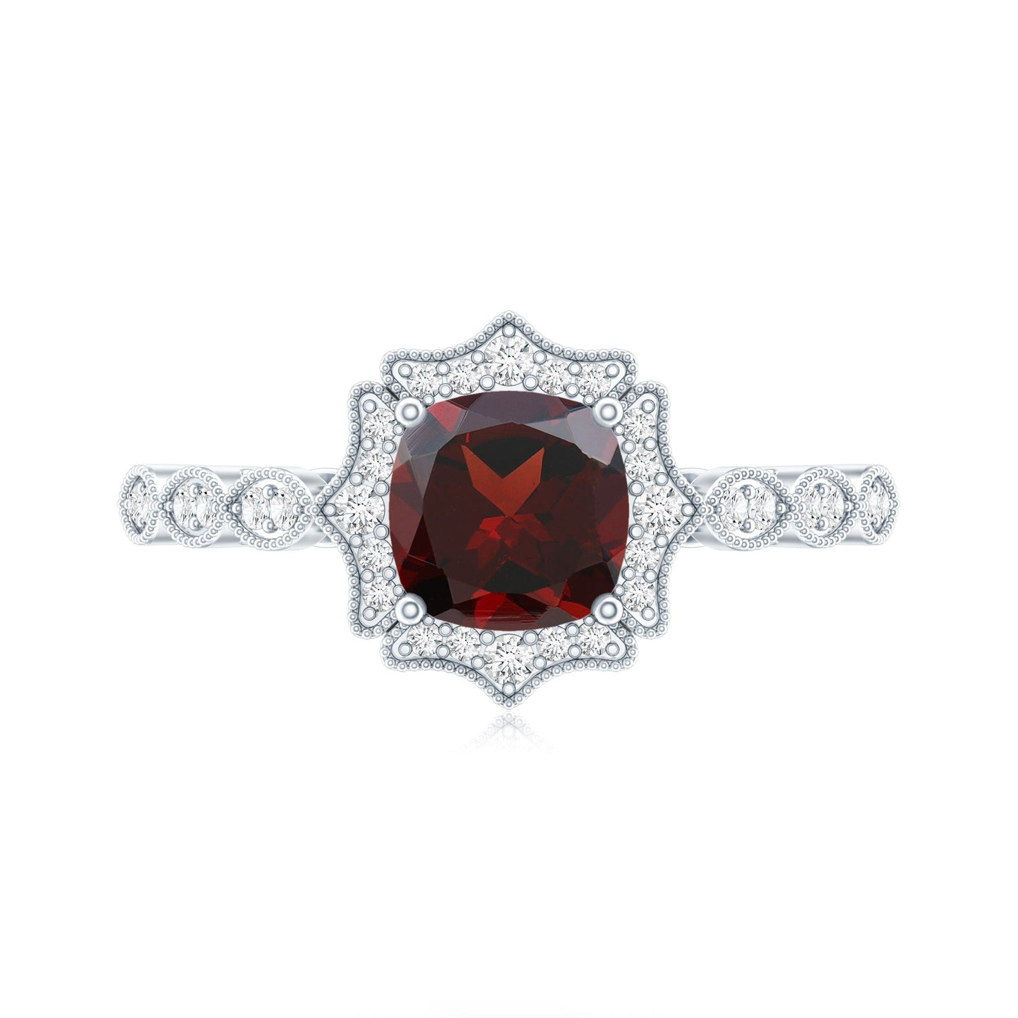Vintage Looking 3.2 Carat Garnet Cushion Cut Engagement Ring with Diamond