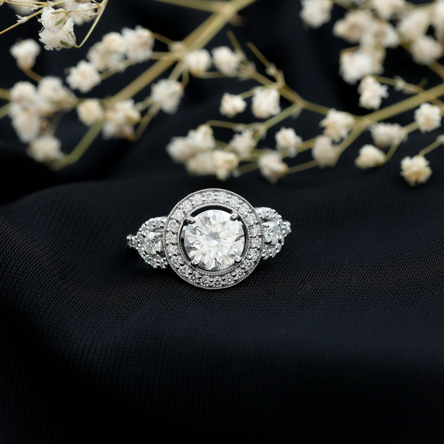 Vintage Style Moissanite Halo Engagement Ring