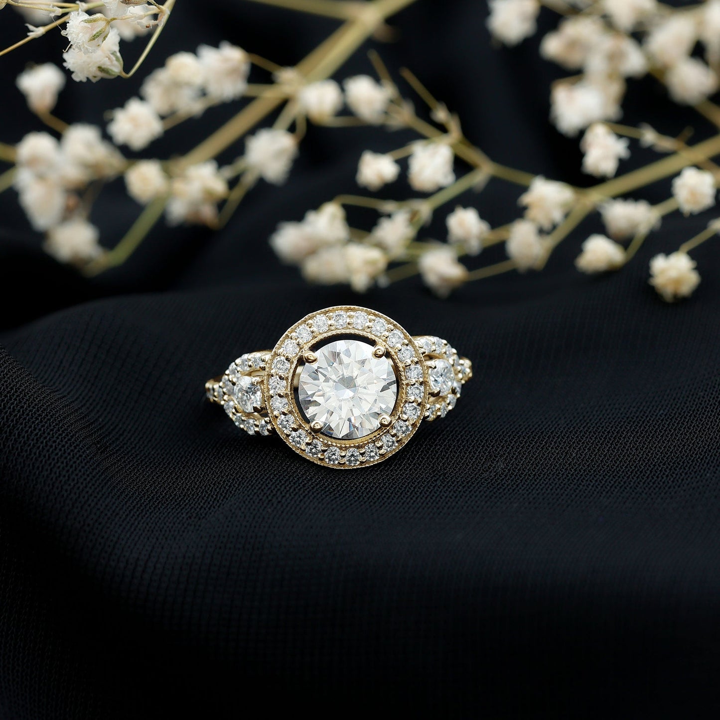 Vintage Style Moissanite Halo Engagement Ring